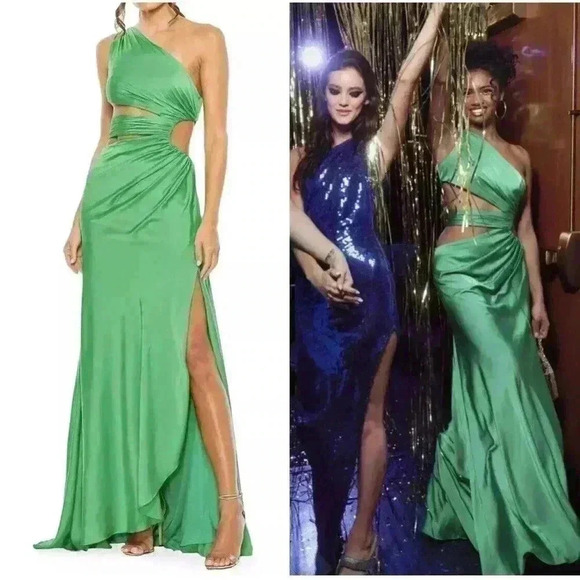MAC DUGGAL Cutout Maxi Dress Green One Shoulder Satin Party Gown Prom 2 XS 68485 - Picture 1 of 9